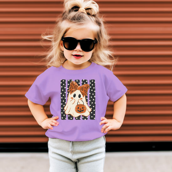 Purple ghost Halloween girls tee, styled view