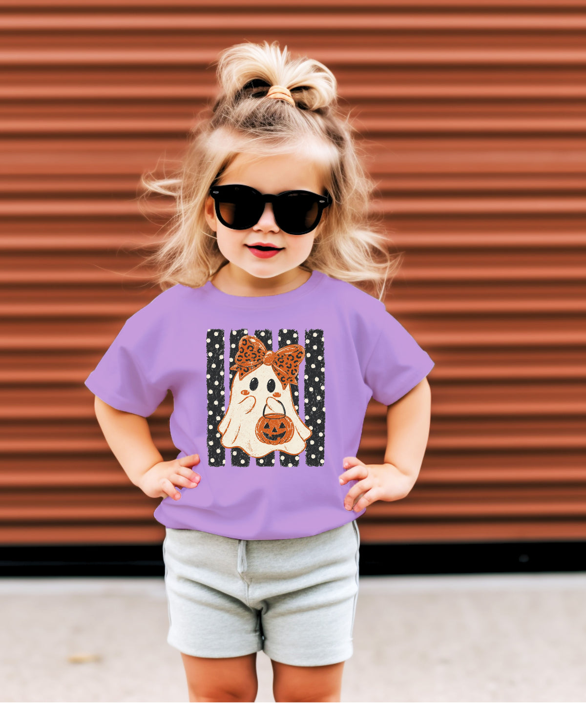 Purple ghost Halloween girls tee, styled view