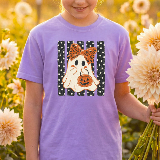 Purple ghost Halloween girls tee, lifestyle view