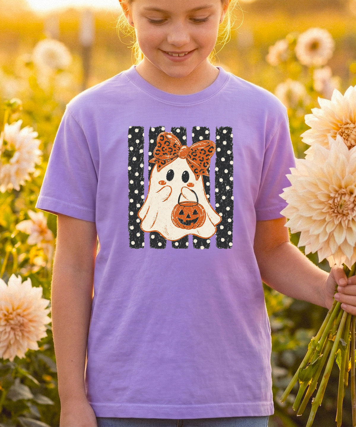 Purple ghost Halloween girls tee, lifestyle view