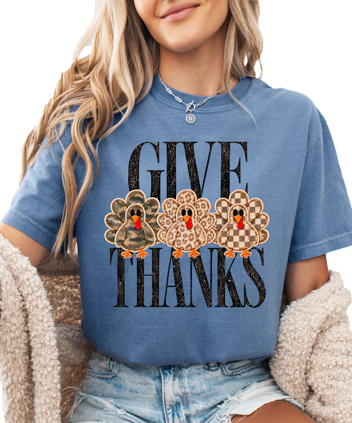 Faux patch turkey Thanksgiving tee in blue jean, camo leopard and checkered turkeys, Comfort Colors, front view