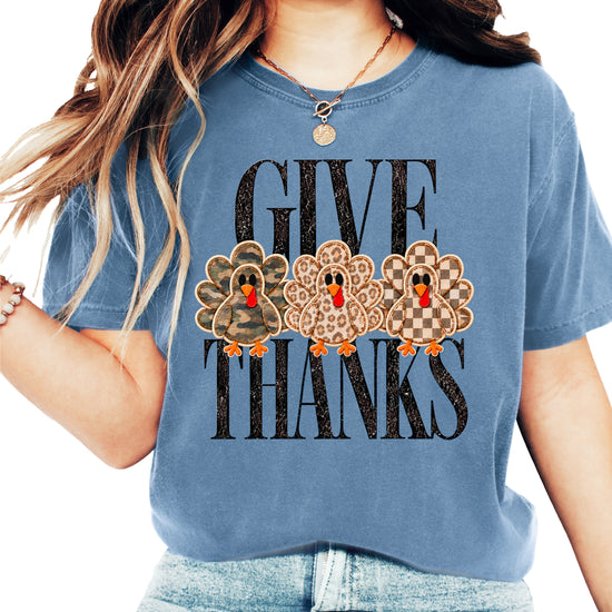 Faux patch turkey Thanksgiving tee in blue jean, camo leopard and checkered turkeys, Comfort Colors, photo 2