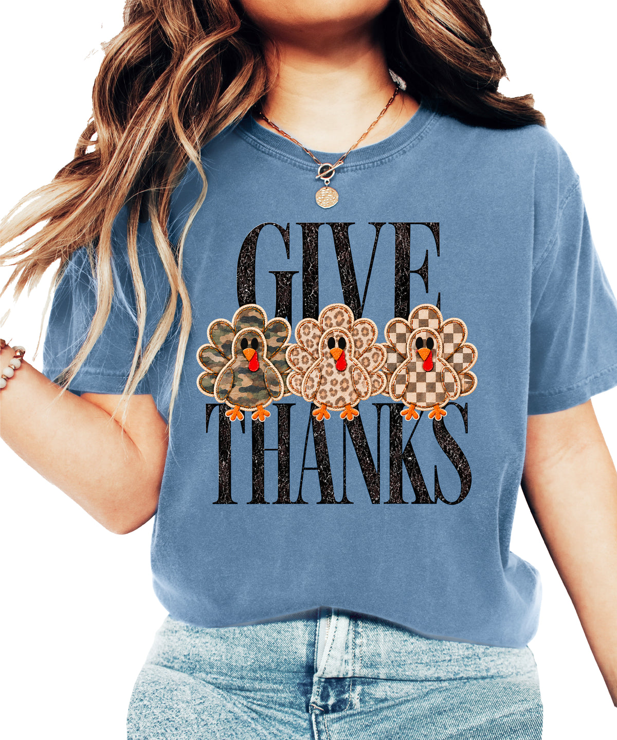 Faux patch turkey Thanksgiving tee in blue jean, camo leopard and checkered turkeys, Comfort Colors, photo 2