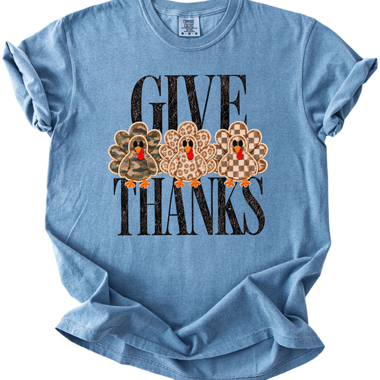 Faux patch turkey Thanksgiving tee in blue jean, camo leopard and checkered turkeys, Comfort Colors, photo 3