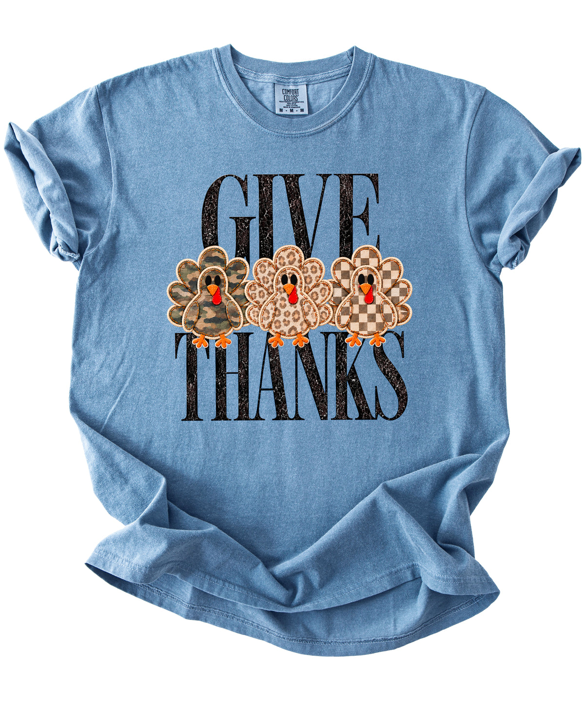 Faux patch turkey Thanksgiving tee in blue jean, camo leopard and checkered turkeys, Comfort Colors, photo 3