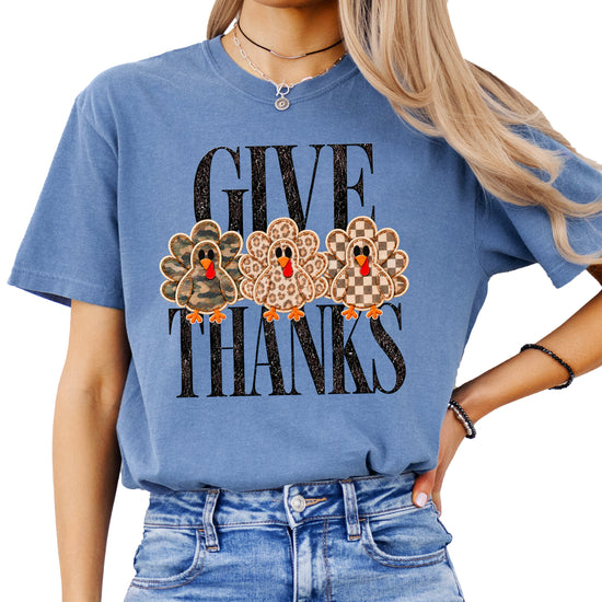 Faux patch turkey Thanksgiving tee in blue jean, camo leopard and checkered turkeys, Comfort Colors, photo 4