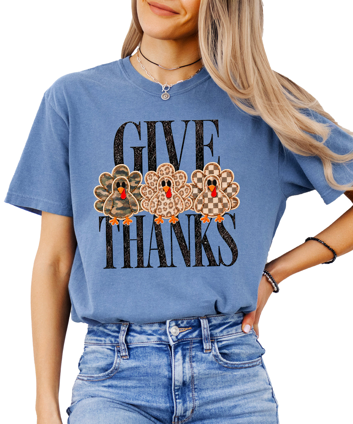 Faux patch turkey Thanksgiving tee in blue jean, camo leopard and checkered turkeys, Comfort Colors, photo 4