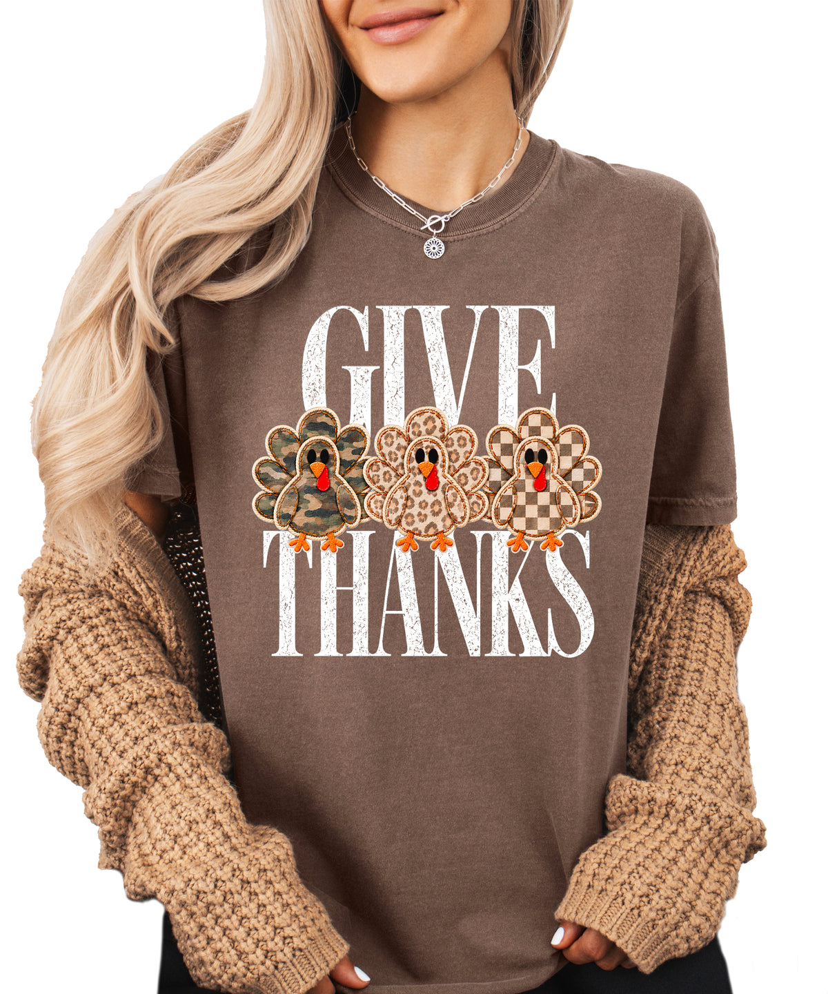 Faux patch turkey Thanksgiving tee in espresso, camo leopard and checkered turkeys, Comfort Colors, front view