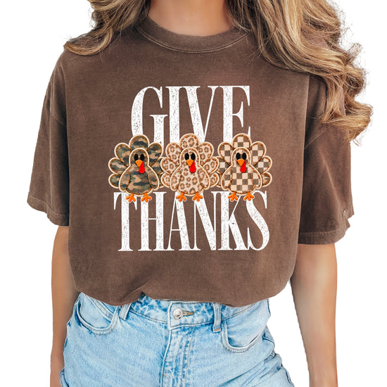 Faux patch turkey Thanksgiving tee in espresso, camo leopard and checkered turkeys, Comfort Colors, photo 2