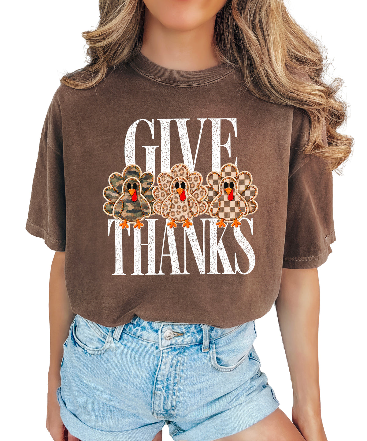 Faux patch turkey Thanksgiving tee in espresso, camo leopard and checkered turkeys, Comfort Colors, photo 2