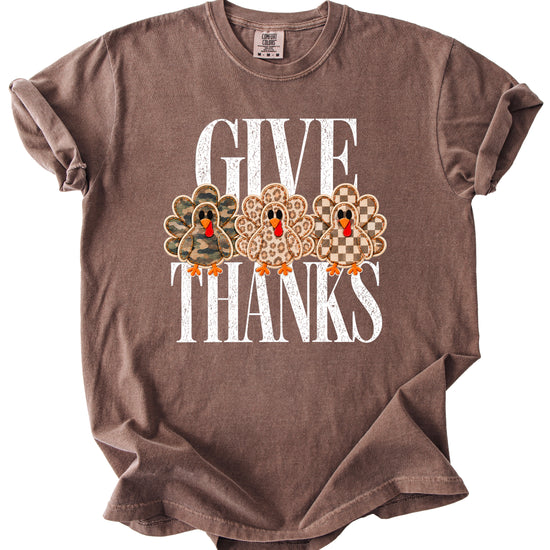 Faux patch turkey Thanksgiving tee in espresso, camo leopard and checkered turkeys, Comfort Colors, photo 3