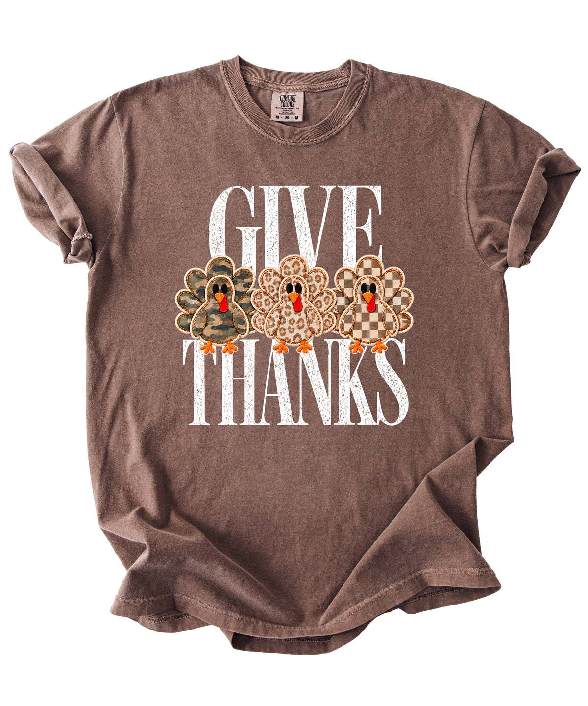 Faux patch turkey Thanksgiving tee in espresso, camo leopard and checkered turkeys, Comfort Colors, photo 3