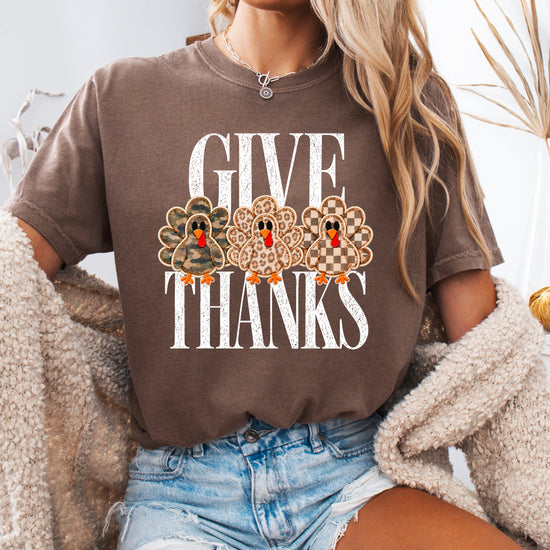 Faux patch turkey Thanksgiving tee in espresso, camo leopard and checkered turkeys, Comfort Colors, photo 4
