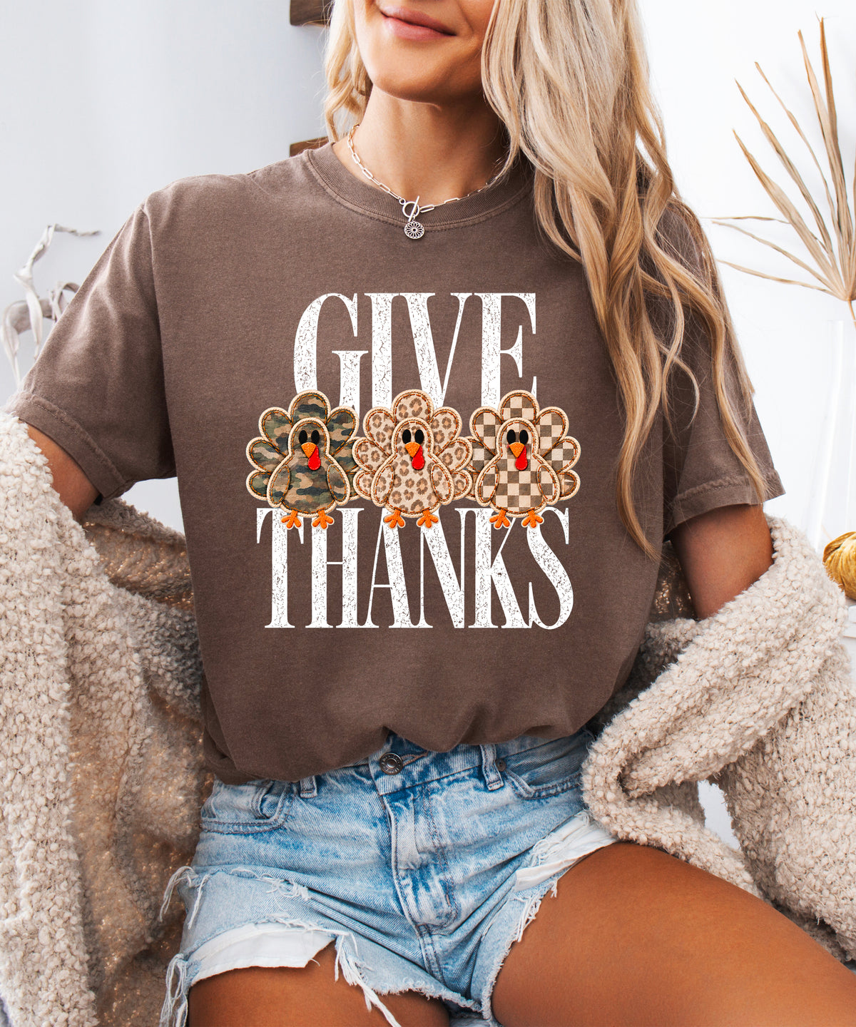 Faux patch turkey Thanksgiving tee in espresso, camo leopard and checkered turkeys, Comfort Colors, photo 4