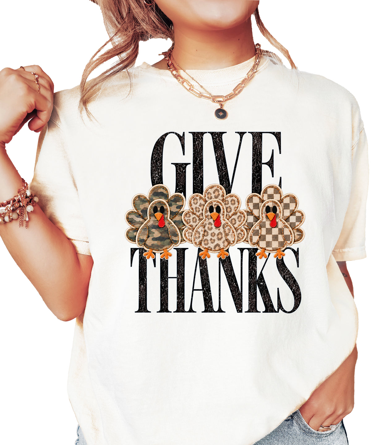 Faux patch turkey Thanksgiving tee in ivory, camo leopard and checkered turkeys, Comfort Colors, front view