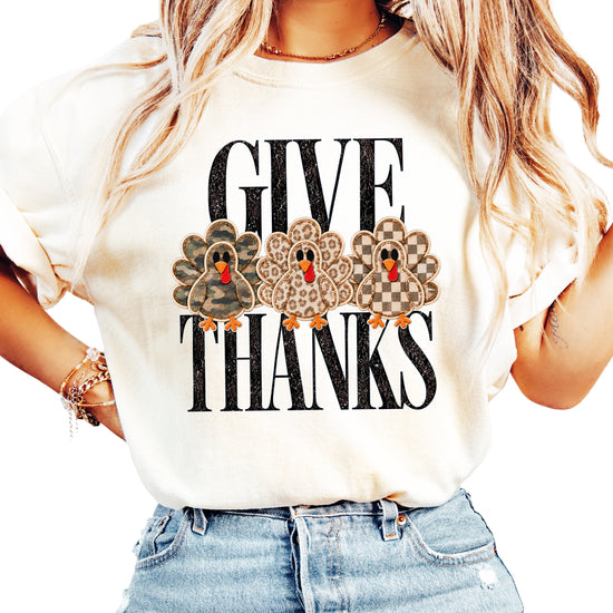 Faux patch turkey Thanksgiving tee in ivory, camo leopard and checkered turkeys, Comfort Colors, photo 2