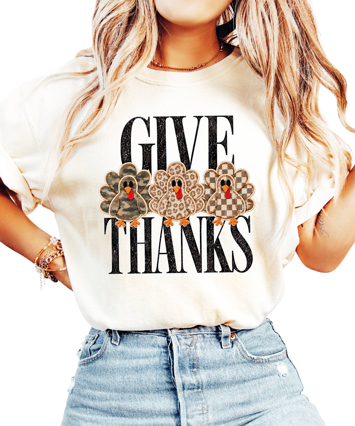 Faux patch turkey Thanksgiving tee in ivory, camo leopard and checkered turkeys, Comfort Colors, photo 2