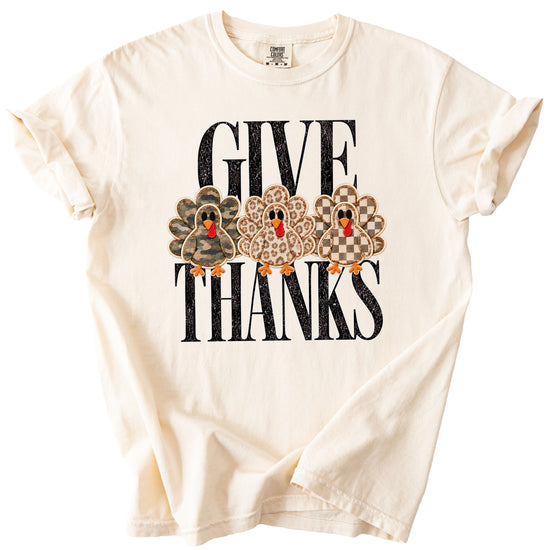 Faux patch turkey Thanksgiving tee in ivory, camo leopard and checkered turkeys, Comfort Colors, photo 3