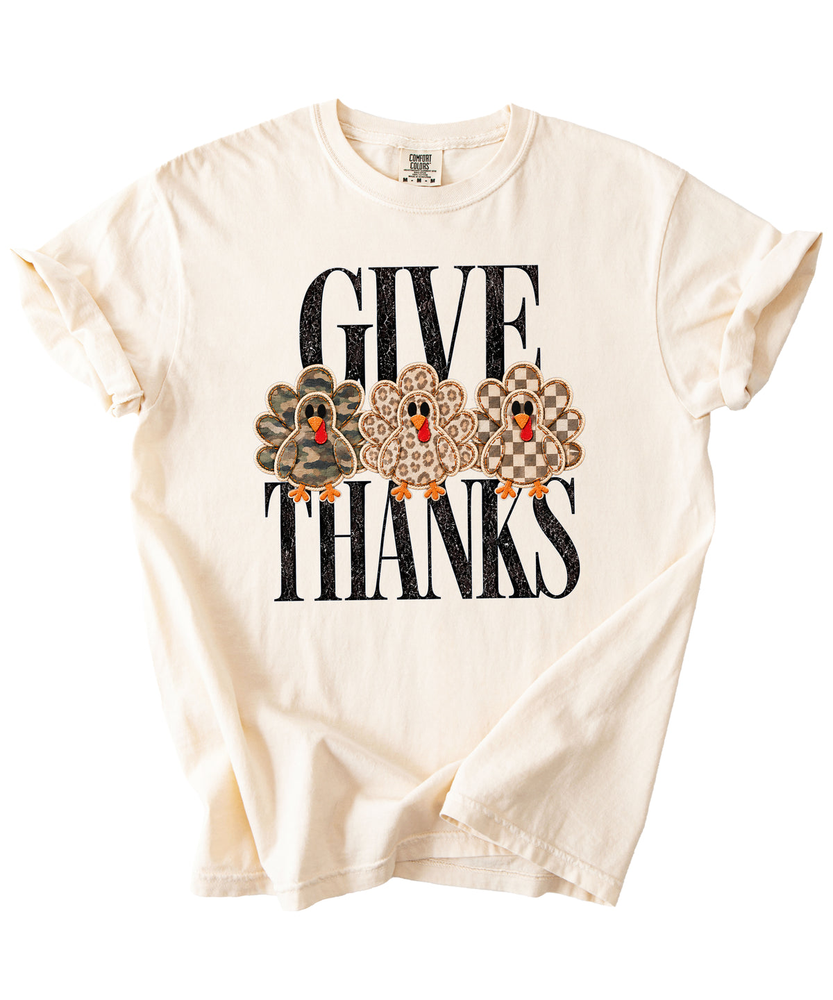 Faux patch turkey Thanksgiving tee in ivory, camo leopard and checkered turkeys, Comfort Colors, photo 3