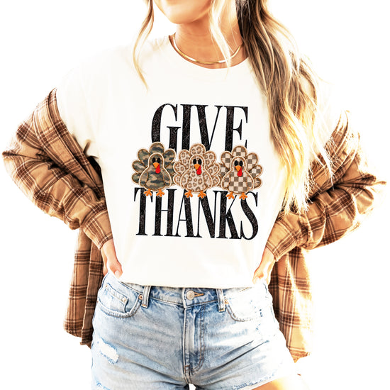 Faux patch turkey Thanksgiving tee in ivory, camo leopard and checkered turkeys, Comfort Colors, photo 4