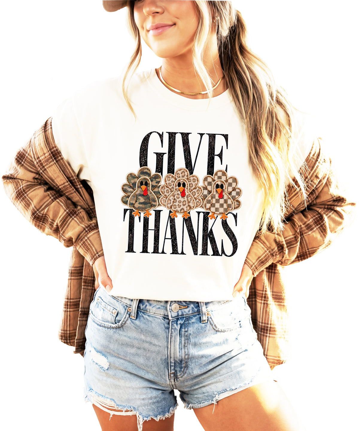 Faux patch turkey Thanksgiving tee in ivory, camo leopard and checkered turkeys, Comfort Colors, photo 4