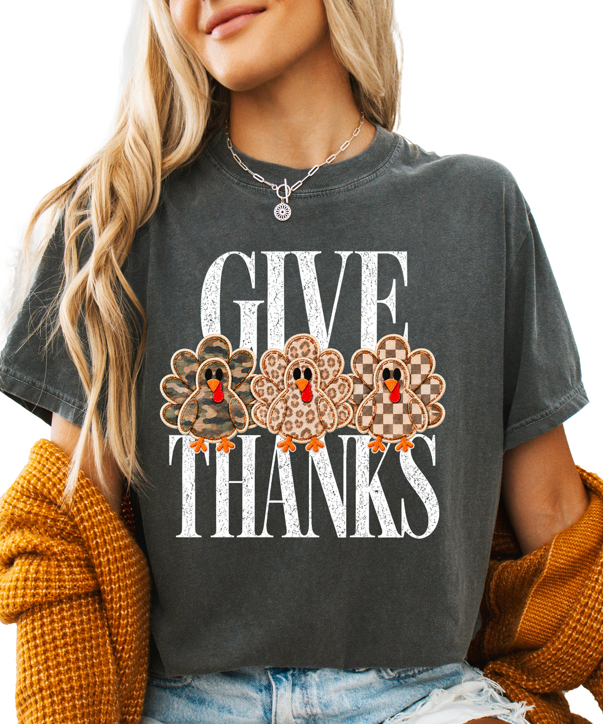Faux patch turkey Thanksgiving tee in pepper, camo leopard and checkered turkeys, Comfort Colors, front view