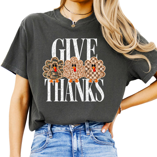 Faux patch turkey Thanksgiving tee in pepper, camo leopard and checkered turkeys, Comfort Colors, photo 2