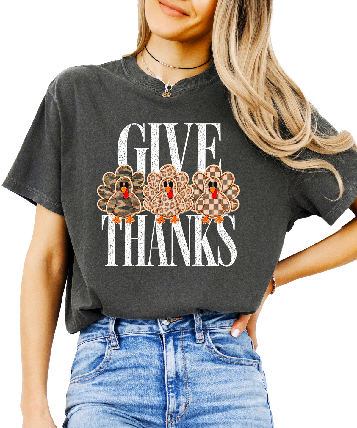 Faux patch turkey Thanksgiving tee in pepper, camo leopard and checkered turkeys, Comfort Colors, photo 2