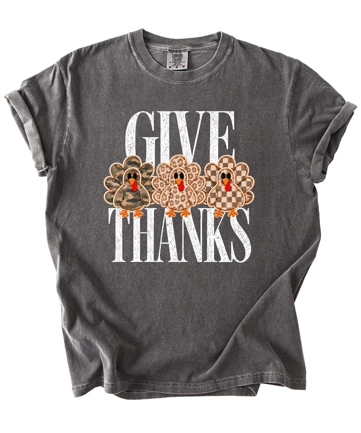 Faux patch turkey Thanksgiving tee in pepper, camo leopard and checkered turkeys, Comfort Colors, photo 3