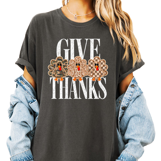 Faux patch turkey Thanksgiving tee in pepper, camo leopard and checkered turkeys, Comfort Colors, photo 4