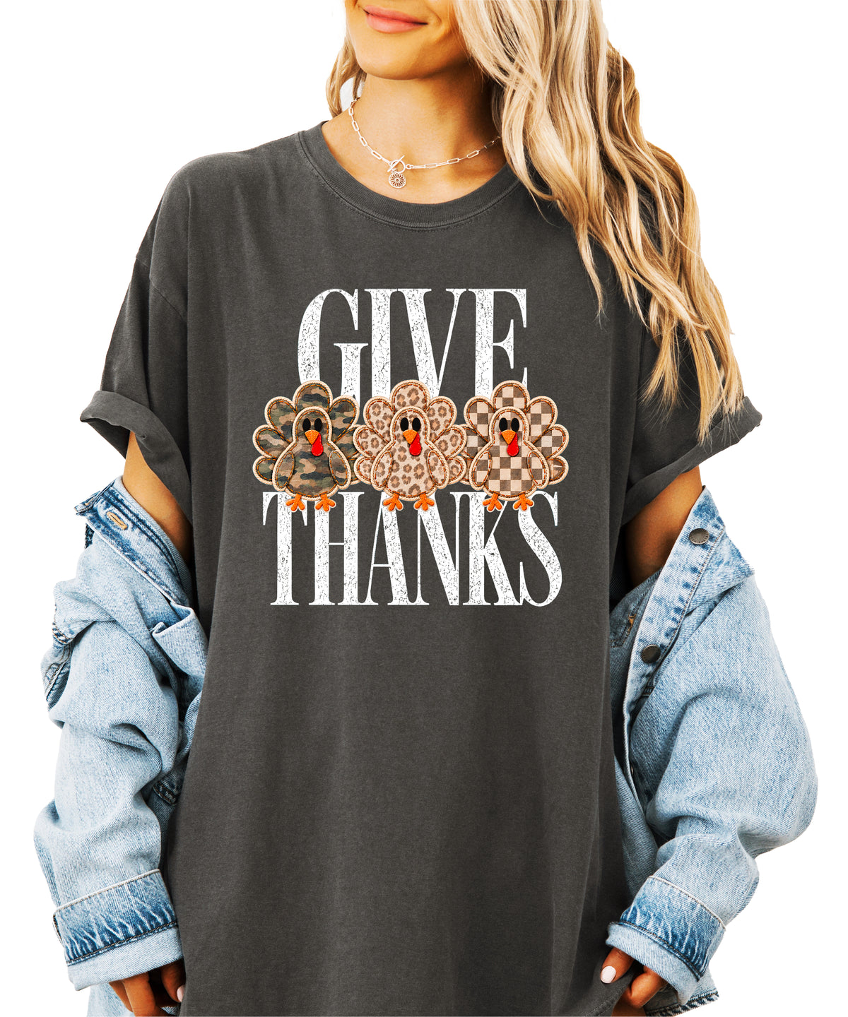Faux patch turkey Thanksgiving tee in pepper, camo leopard and checkered turkeys, Comfort Colors, photo 4