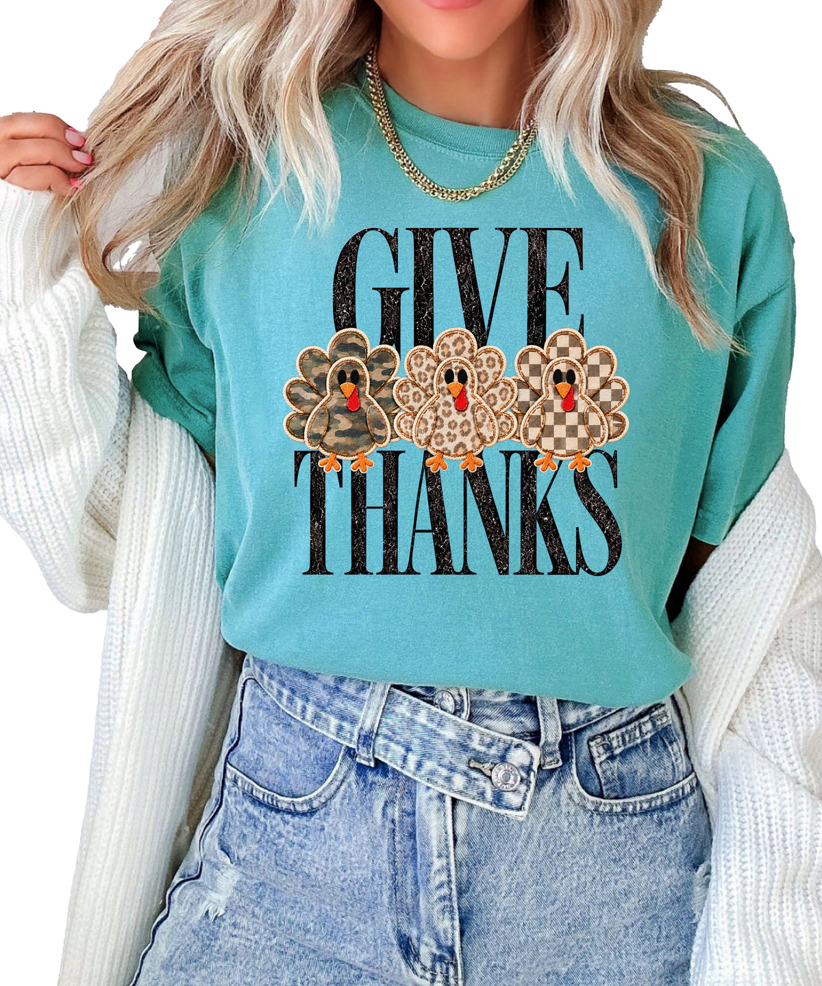Faux patch turkey Thanksgiving tee in seafoam, camo leopard and checkered turkeys, Comfort Colors, front view