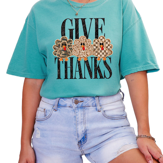 Faux patch turkey Thanksgiving tee in seafoam, camo leopard and checkered turkeys, Comfort Colors, photo 2