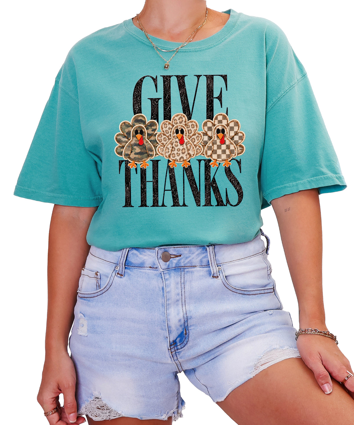 Faux patch turkey Thanksgiving tee in seafoam, camo leopard and checkered turkeys, Comfort Colors, photo 2
