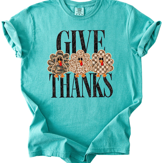 Faux patch turkey Thanksgiving tee in seafoam, camo leopard and checkered turkeys, Comfort Colors, photo 3