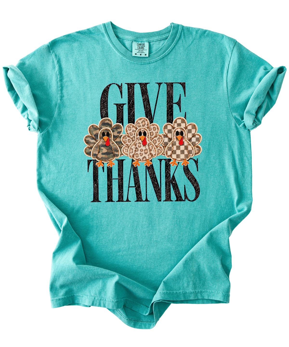Faux patch turkey Thanksgiving tee in seafoam, camo leopard and checkered turkeys, Comfort Colors, photo 3
