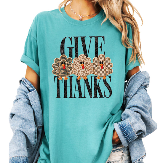 Faux patch turkey Thanksgiving tee in seafoam, camo leopard and checkered turkeys, Comfort Colors, photo 4