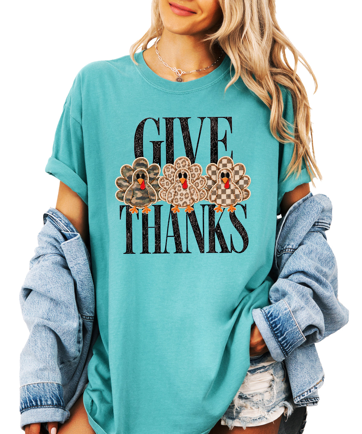 Faux patch turkey Thanksgiving tee in seafoam, camo leopard and checkered turkeys, Comfort Colors, photo 4