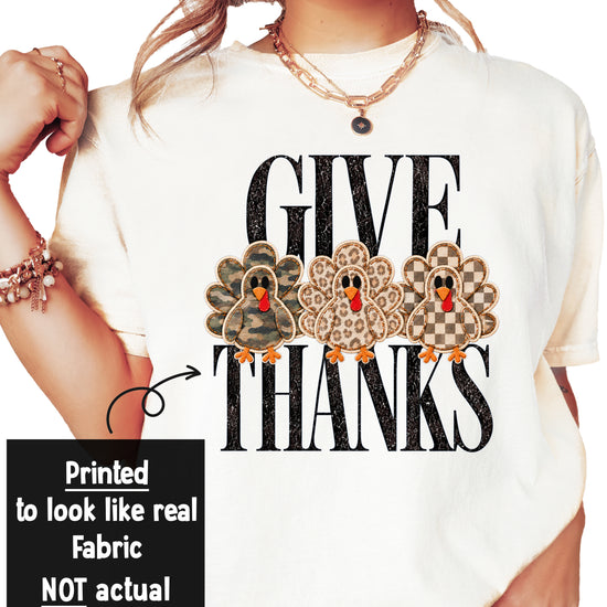 Faux patch turkey Thanksgiving tee for women, lifestyle photo