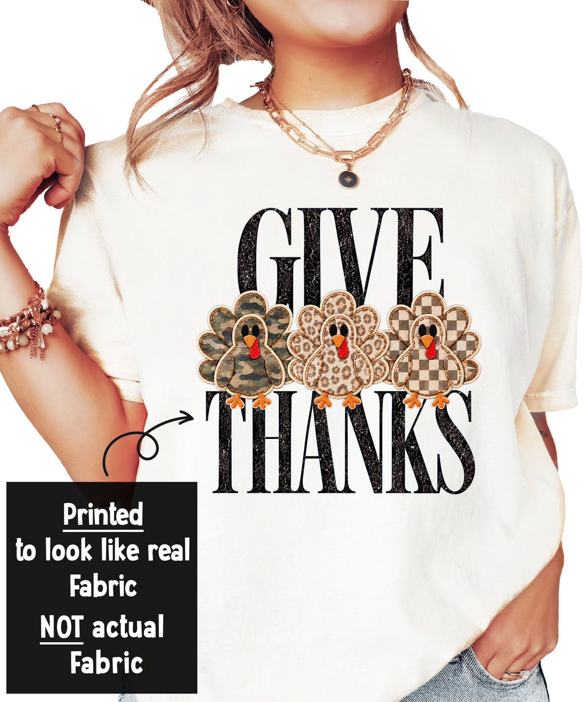 Faux patch turkey Thanksgiving tee for women, lifestyle photo