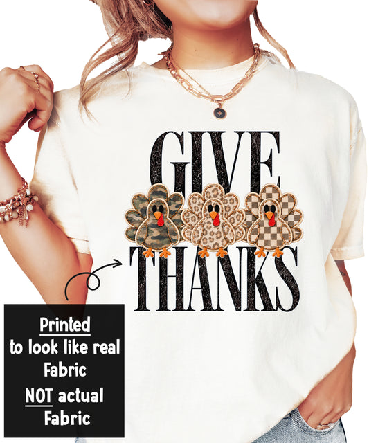 Faux patch turkey Thanksgiving tee for women, lifestyle photo