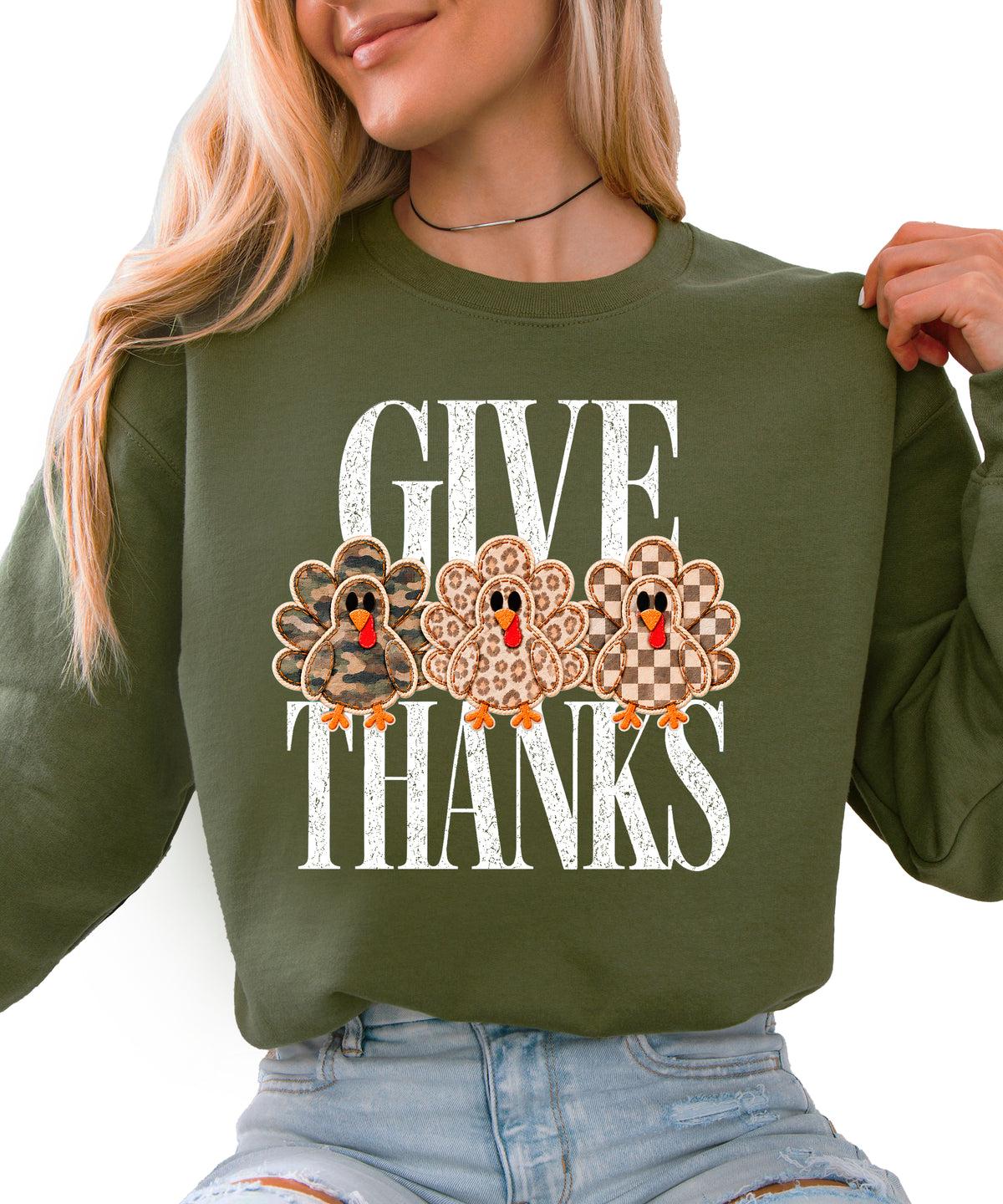 Give Thanks Thanksgiving sweatshirt for women in Army Green with camo, leopard and checkered turkeys