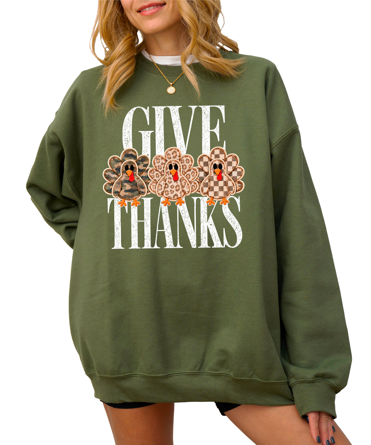 Give Thanks Thanksgiving sweatshirt for women in Army Green with camo, leopard and checkered turkeys