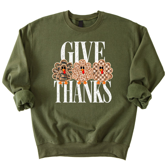 Give Thanks Thanksgiving sweatshirt for women in Army Green with camo, leopard and checkered turkeys