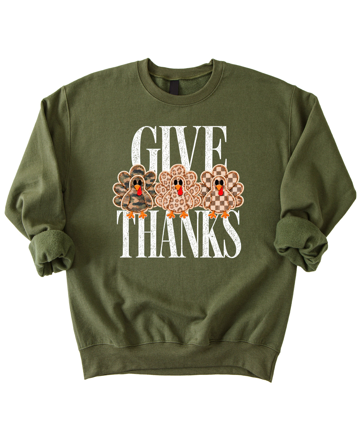 Give Thanks Thanksgiving sweatshirt for women in Army Green with camo, leopard and checkered turkeys