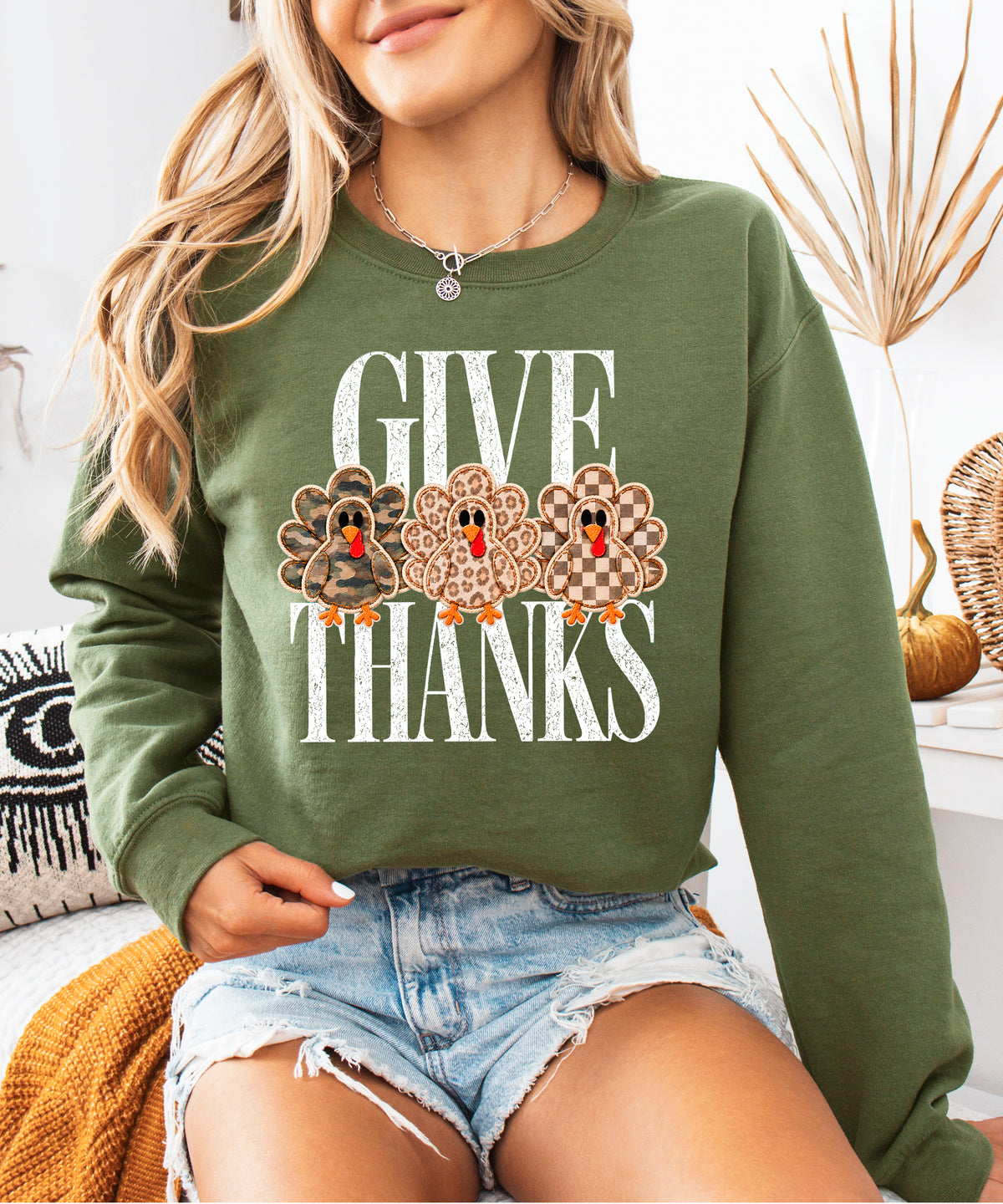 Give Thanks Thanksgiving sweatshirt for women in Army Green with camo, leopard and checkered turkeys