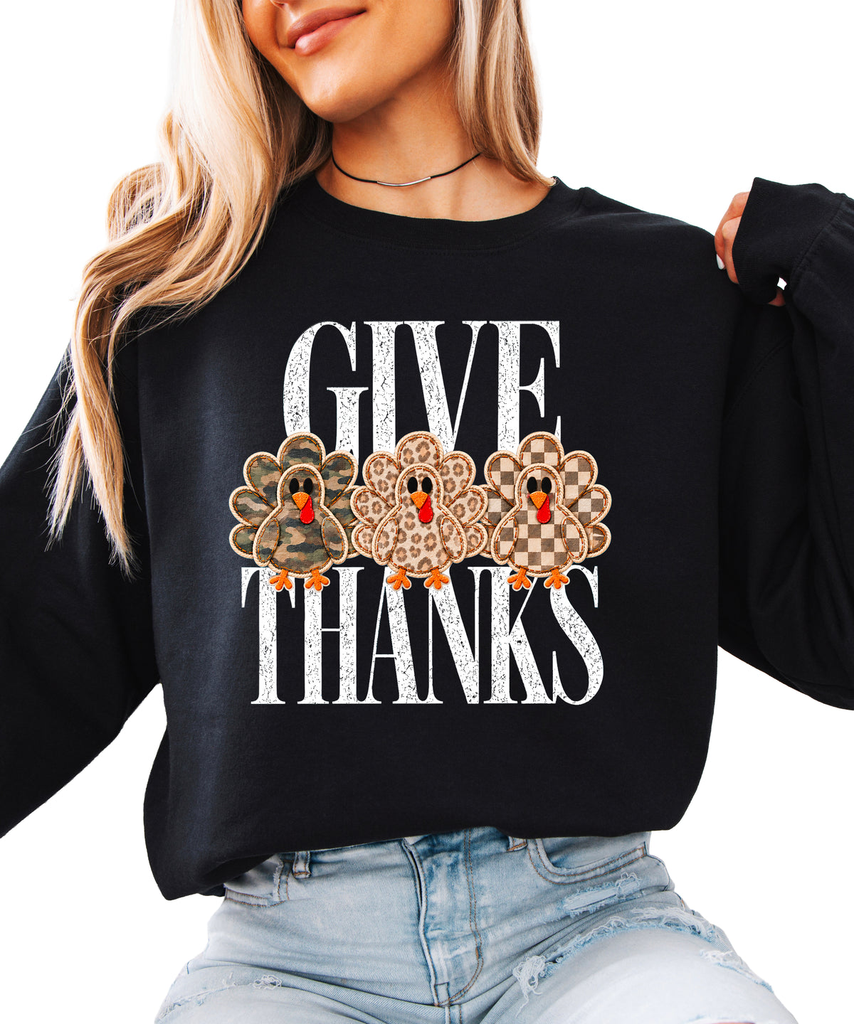 Give Thanks Thanksgiving sweatshirt for women in Black with camo, leopard and checkered turkeys