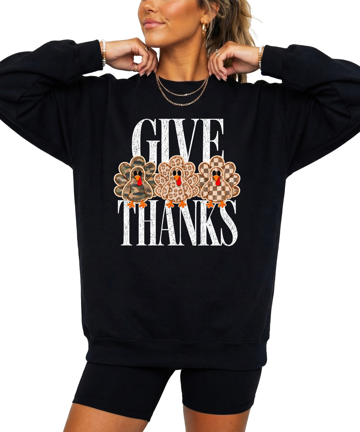 Give Thanks Thanksgiving sweatshirt for women in Black with camo, leopard and checkered turkeys