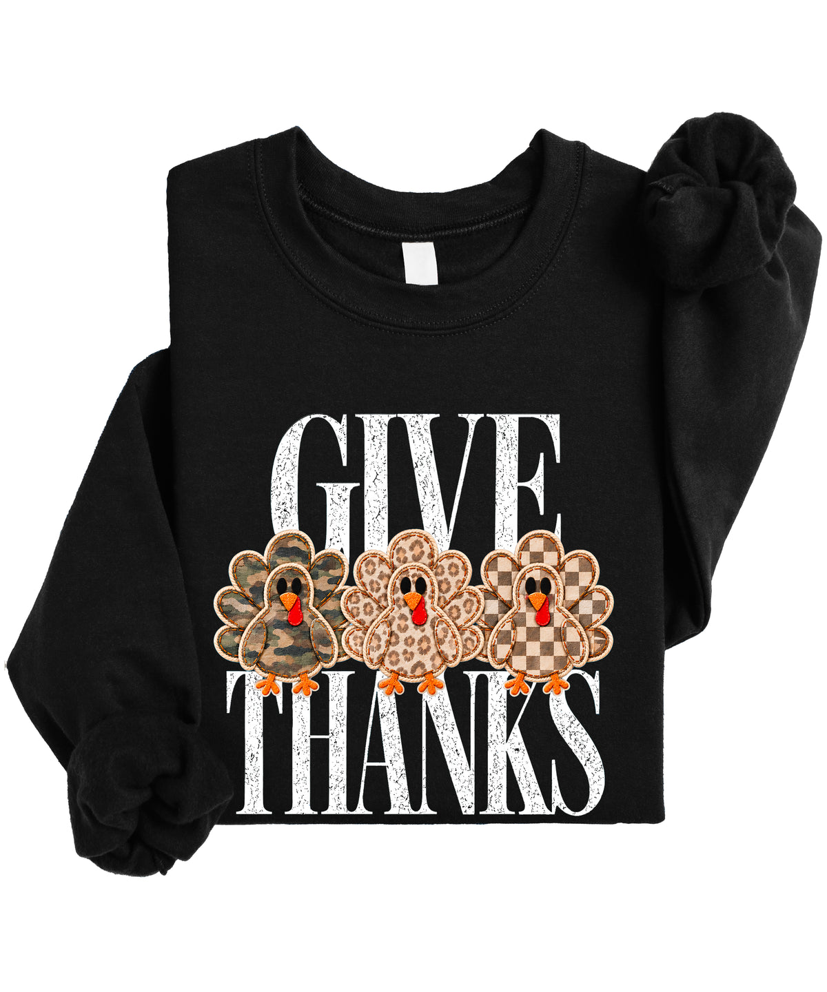 Give Thanks Thanksgiving sweatshirt for women in Black with camo, leopard and checkered turkeys