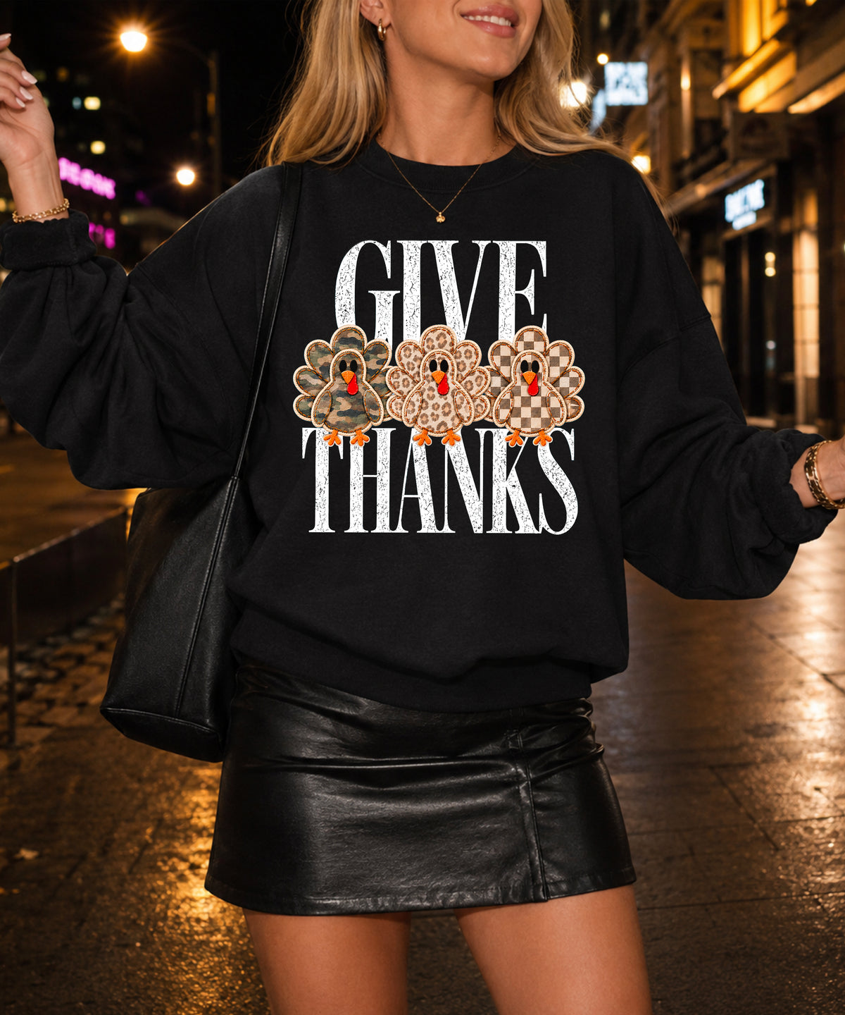 Give Thanks Thanksgiving sweatshirt for women in Black with camo, leopard and checkered turkeys